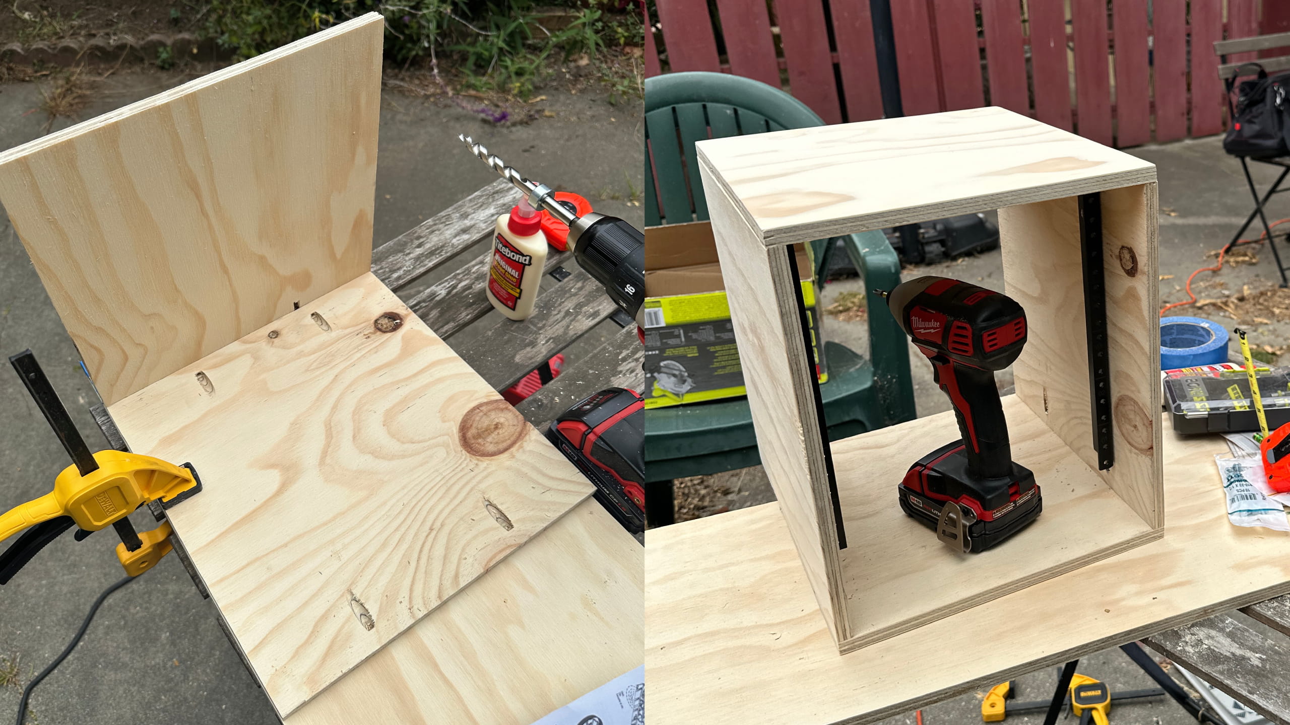 Left shows two boards held together with pocket holes. Right shows the box without a door and the rails attached. Images show the project in progress.